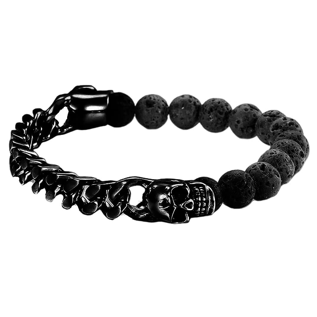 BIYONGDEBlack Vocalnic Lava Stone Bead Chain Steel Franco Chain Bangle Bracelet, Vintage Skull Charm, Mens …