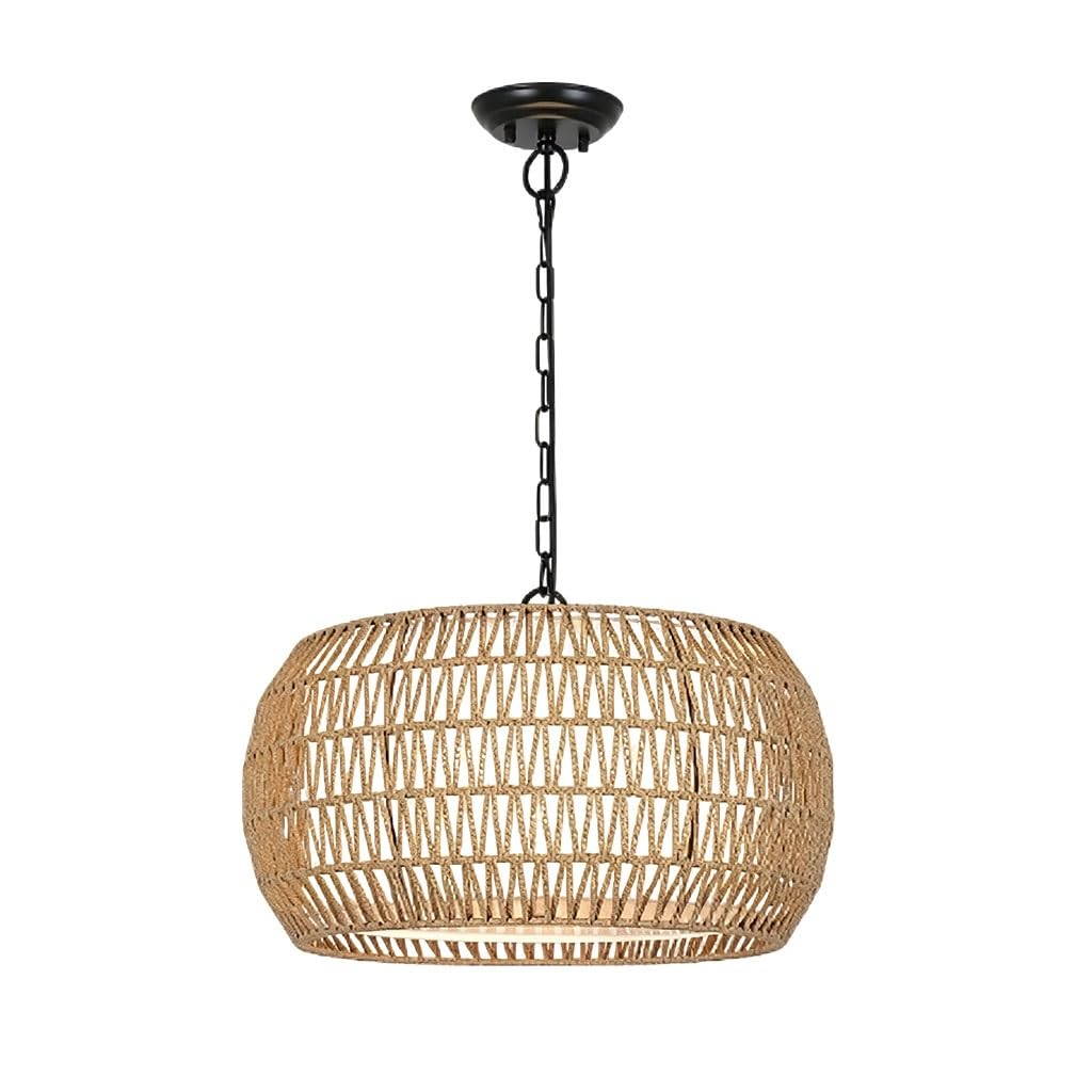 Bohemian Geflochtene Rattan-Trommel-Hängeleuchte Natürliche Weiden Hängelampe Mit Schwarzer Kette Modern Landhausstil Käfig Deckenleuchte Für Esszimmer Kücheninsel Schlafzimmer
