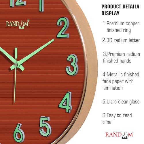 Image of RANDOM Modern 12.75INCH Wall Clock with 3D Radium Numbers, Silent Non-Ticking, Premium Copper Frame, Ultra Clear Glass for Living Room, Home Office