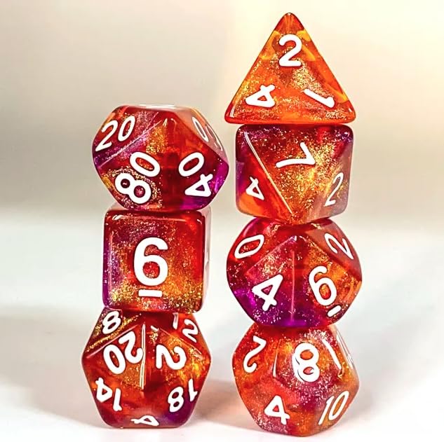 Epic Forge -Set of 7 Resin Dice in Box - Purple and Orange Glitter - Image 2