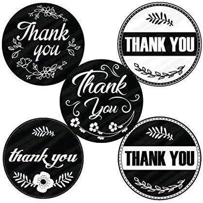 Retro Vintage Thank You Stickers Roll Set 1.5 inch | Assorted Round Design | 500 Adhesive per Roll | 5 Unique Designs | Baby Shower, Wedding, Graduation, Birthdays | Black and White Color