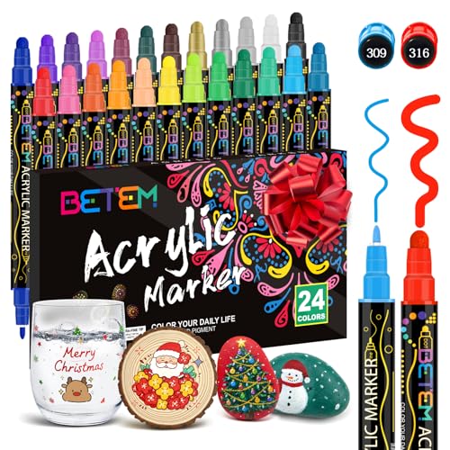 Betem 24 Colors Dual Tip Acrylic Paint Pens Markers, Premium