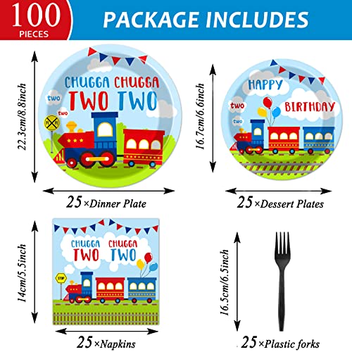 Image of 100 PCS Chugga Chugga Two Two Party Supplies Set Train Plates and Napkins 2nd Birthday Party Tableware Packs Decorations Transportation Disposable Paper Plates Napkins Forks For Kids Serve 25