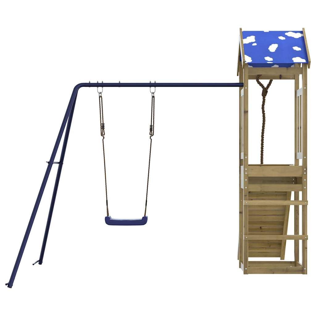 Torre de juegos de madera de pino impregnada con columpio, estructura de escalada, caja de arena y tobogán, casa de juegos al aire libre para niños en el jardín, resistente estructura de