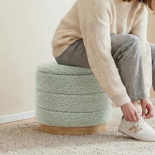 Image of Round Storage Ottoman with Tray, Chenille Folding Foot Rest Coffee tabele for Living Room Bedroom Dorm,Wood Grain Leather