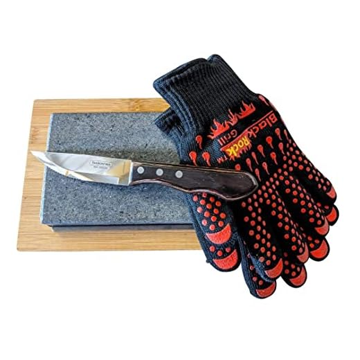 Svart sten grill varm stek stenar matlagning rock presentset