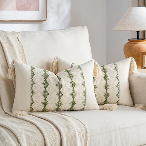Fancy Homi Set of 2 Boho Moss Green Lumbar Decorative Throw Pillow Cover 12x20 Inch for Couch Bed Sofa Chair, Modern Farmhouse Home Decor, Soft Cute Accent Rectangle Cushion Case with Tassels