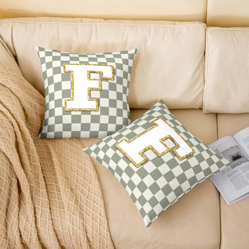Image of Erosebridal Sage Green Checkered Throw Pillow Covers 18x18 Set of 2 Plaid Initial F Cushion Cover Personalized Monogram Throw Pillow Case for Bed Couch Sofa Fashion Grids Gingham Home Decor