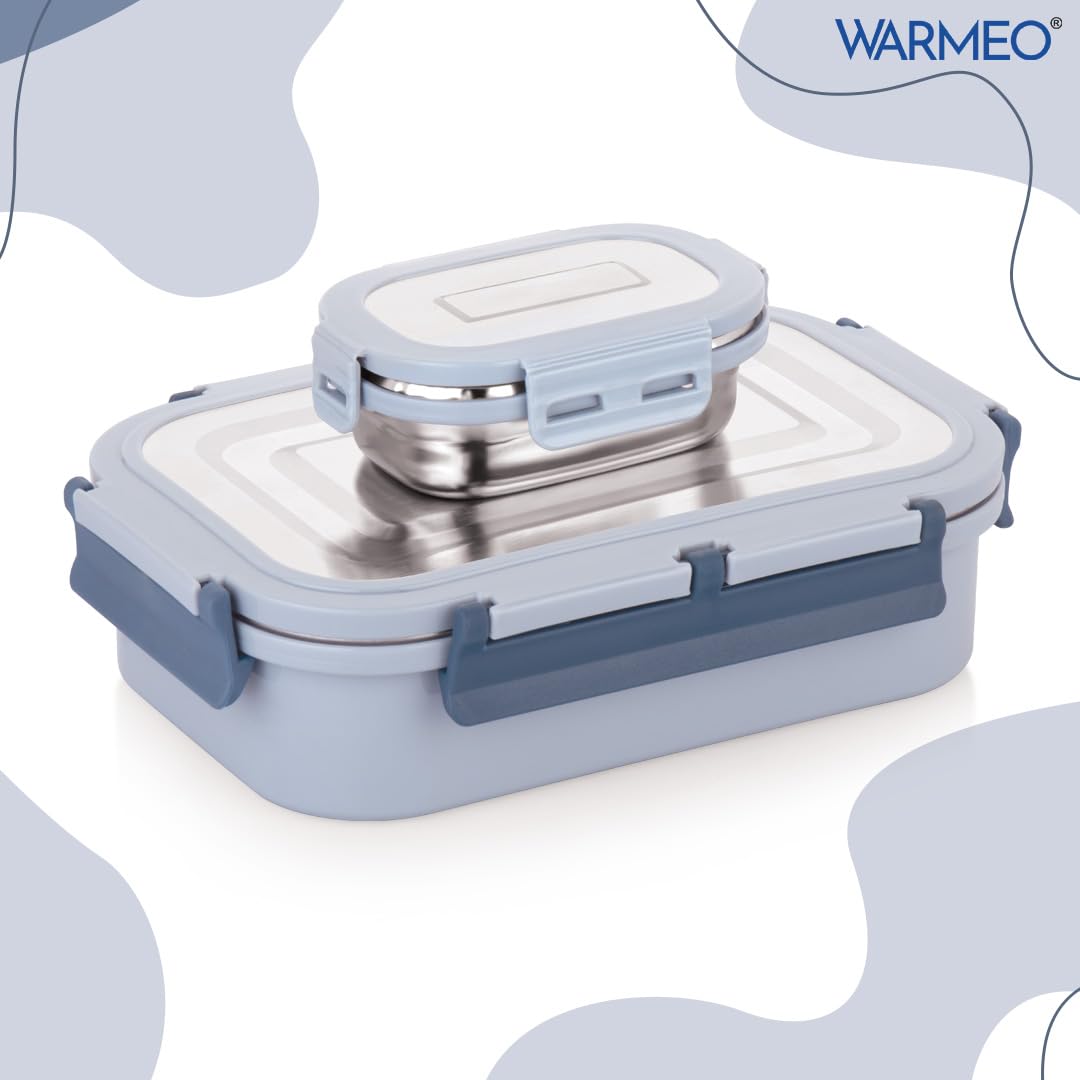 WARMEO Delight Insulated Stainless Steel Airtight Leak-Proof Lunch Box with Clip Lock Lid,Light Weight, Easy to Clean, Perfect for Office, School, Picnic & Travelling, Combo(800ml+150ml), Blue & Grey — Amazon image 2