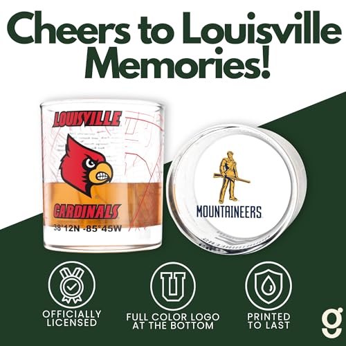 Image of Greenline Goods University of Louisville Cardinals Whiskey Glasses Set of 2, 10 oz Rocks Glasses with Full-Color Logo & Campus Map - Officially Licensed Bourbon Glass Gift for Alumni & Fans