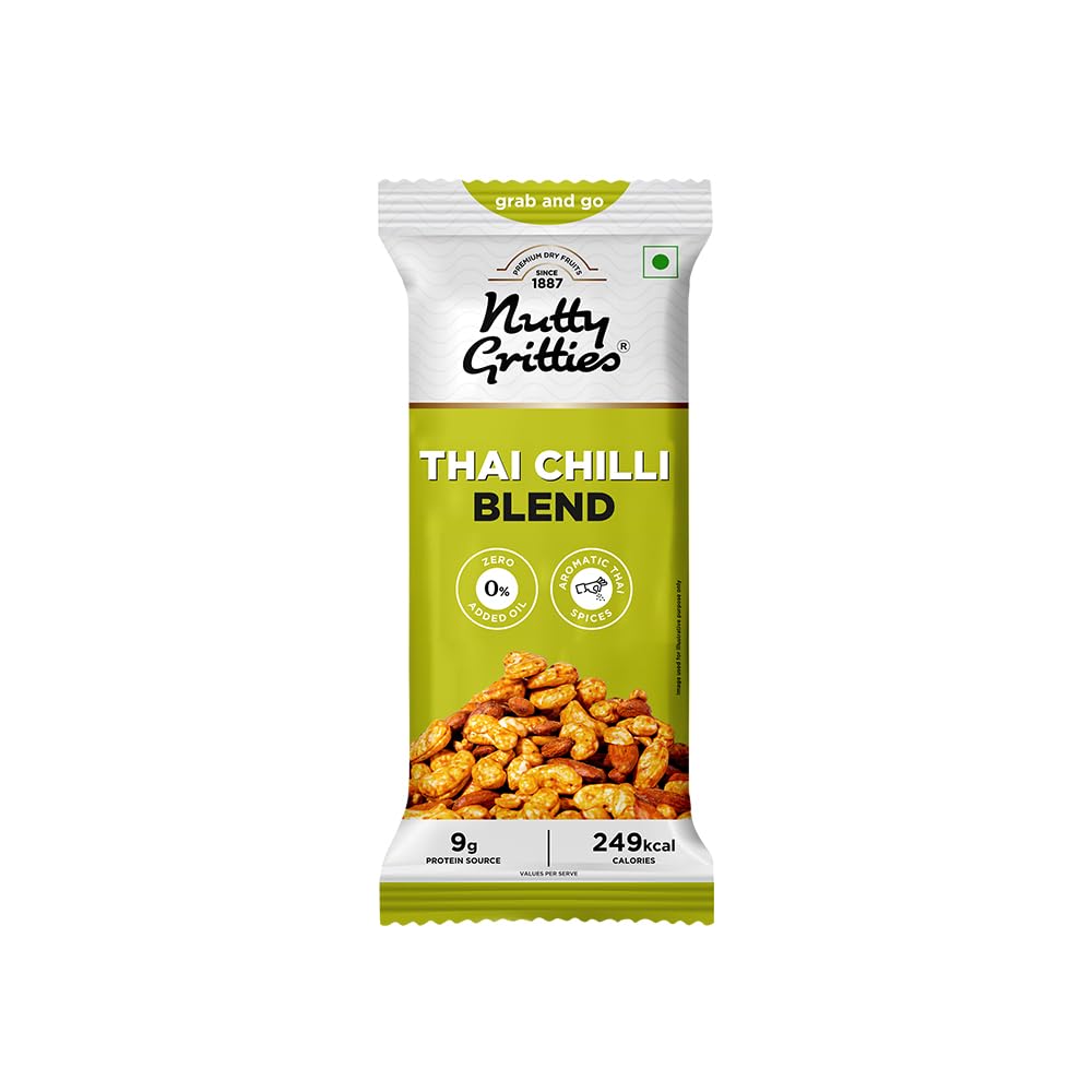 nutty gritties thai chilli blend trail mix 40g | pack of 2 | spicy & crunchy | dry roasted | zero oil | healthy snack | protein rich | resealable pack