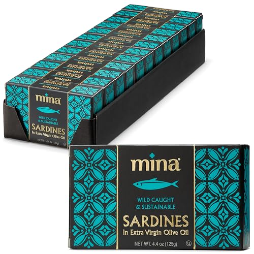 Mina Sardines in Extra Virgin Olive Oil, 4.4 Ounce Wild Caught Sardines, Responsibly Sourced, Packed By Hand, Low Sodium, High in Protein, Keto, Paleo, Sardines in Olive Oil (Pack of 12)