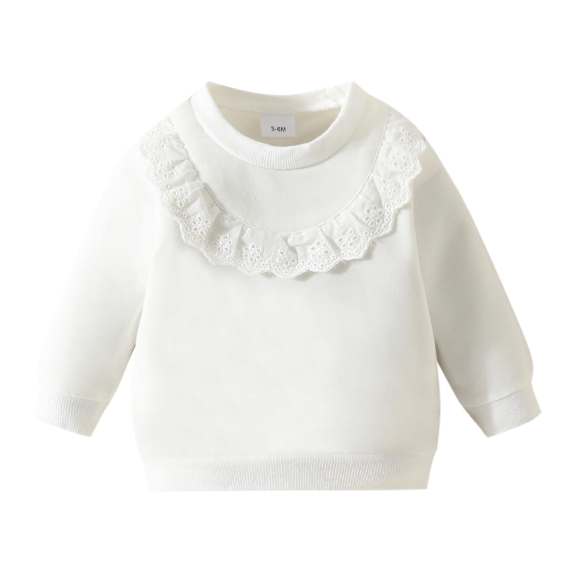 Yanmucy Sweatshirt pour Bébés Filles Vêtements Coton à Volants et Dentelle Sweatshirts Crewneck à Manches Longues Jumper Top Décontracté (FR/ES, Âge, 12 Mois, 18 Mois, Blanc)