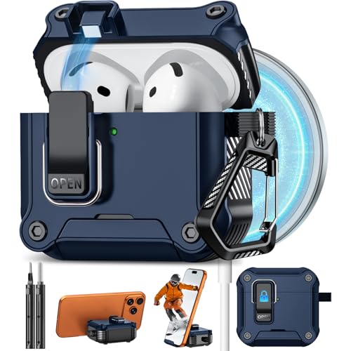 Image of Pohgelan for AirPods 4 Case with Safety Lock-Dark Blue | Magnetic Automatic Lock with Cleaning Kit&Keychain,Compatible with Magsafe