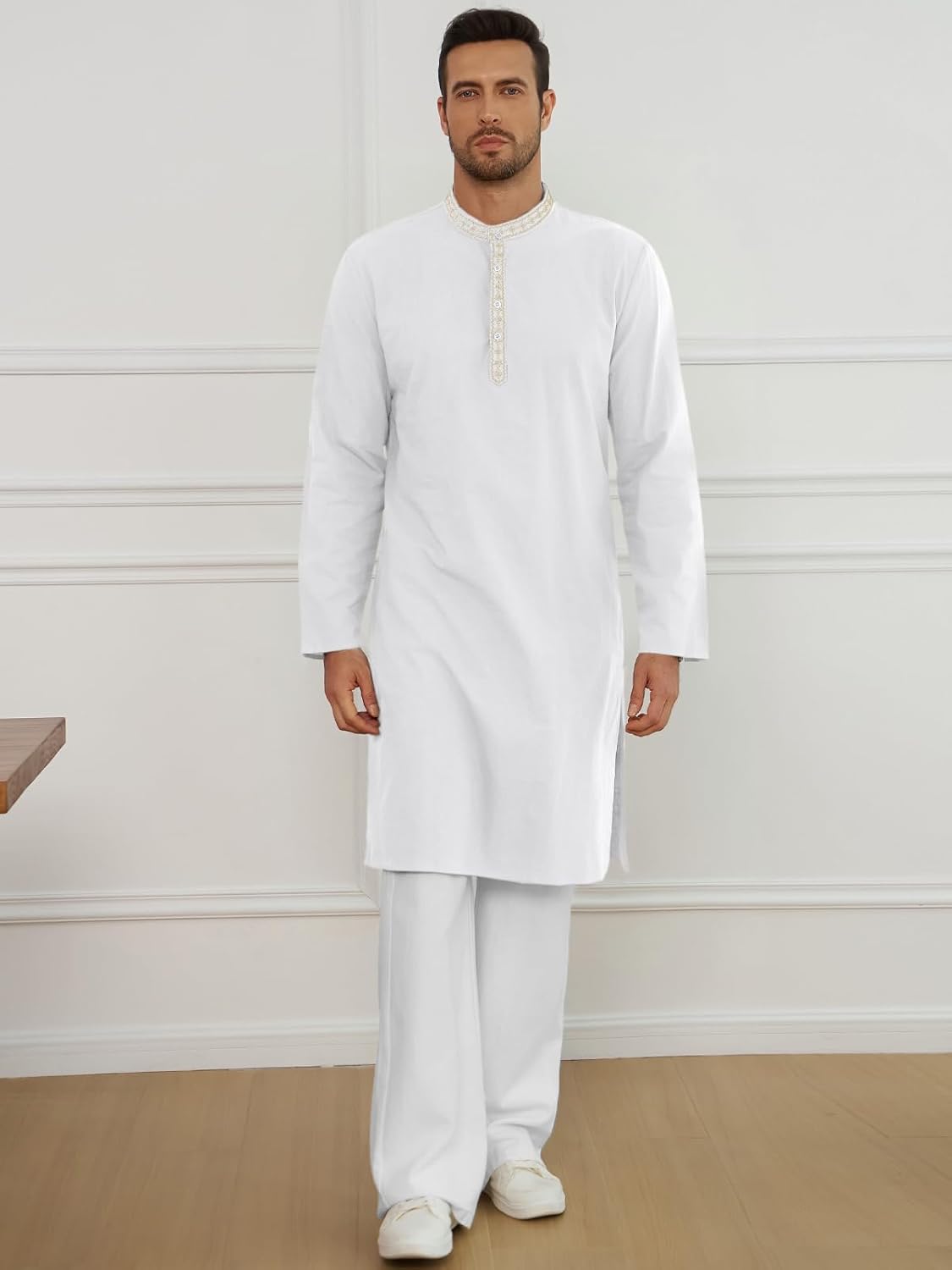 Runcati Mens Cotton Kaftan Robe Long Sleeve Button Down Henley Shirts Thobe Casual Side Split Gown Shirt - Image 5