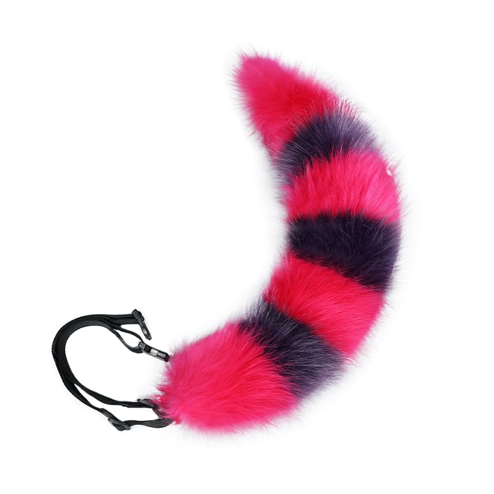 ILUFAM Faux Fur Striped Wolf Fox Tail 60cm Furry Animal Tail For Halloween Party Costume Accessories Cosplay Dress Up (Rose&Purple)
