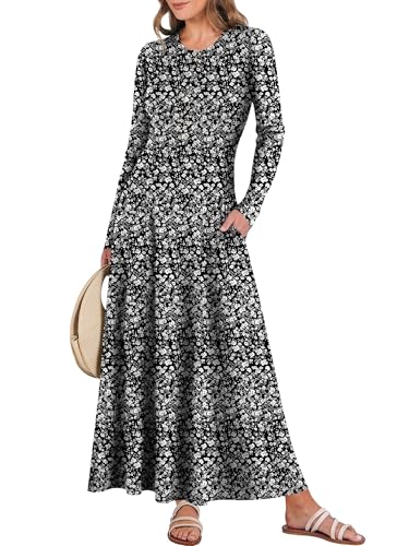 ANRABESS Women's Long Sleeve Maxi Dress 2026 Spring Casual Button Fit & Flare A-Line Swing Flowy Long Dresses Winter Trendy Black Floral Large