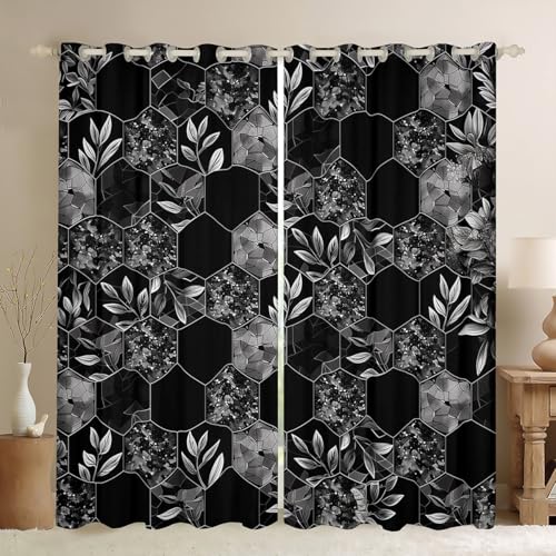 Castle Fairy Honeycomb Window Curtains,Black Gray Leaves Curtain,Geometry Window Drapes for Kid Teens Boys Young Man,Modern Bedroom Decorative,Hexagon Curtain,52Wx63L