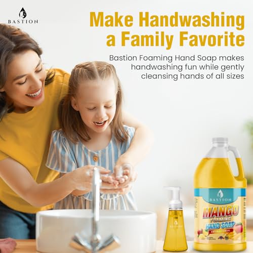 Image of Bastion Antibacterial Hand Soap - Mango Foaming Hand Wash - 1 /2 Gallon (64 oz.) Bulk. Refill Jug. Mango Scented. Non-toxic. Made in the USA.