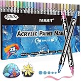 28 Metallic Colors Acrylic Paint Markers, Dual Tip Acrylic Paint Pens for Rock Painting, Black Paper, Wood, Canvas, Stone, Glass, Ceramic, DIY Crafts Making Art Supplies (Brush Tip and Round Tip)