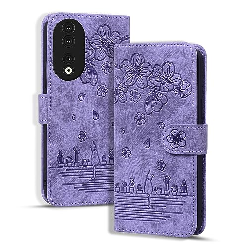 Custodia Compatibile con Honor 90 5G Premium Magnetica Flip Cover Funzione Supporto Portafoglio 90 Gatto viola pelle