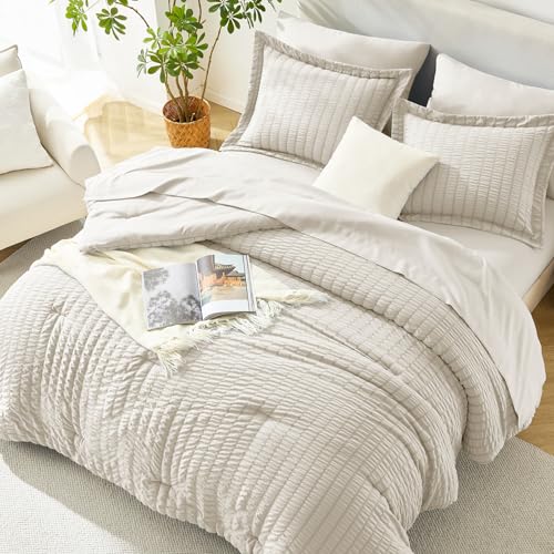 Image of HIMEET King Size Comforter Set - 7 Pieces Seersucker Bed in a Bag, Boho Bedding Sets for Bedroom Decor, All Season Home Essential Bed Set with Comforter, Sheets, Pillowcases & Shams, Beige