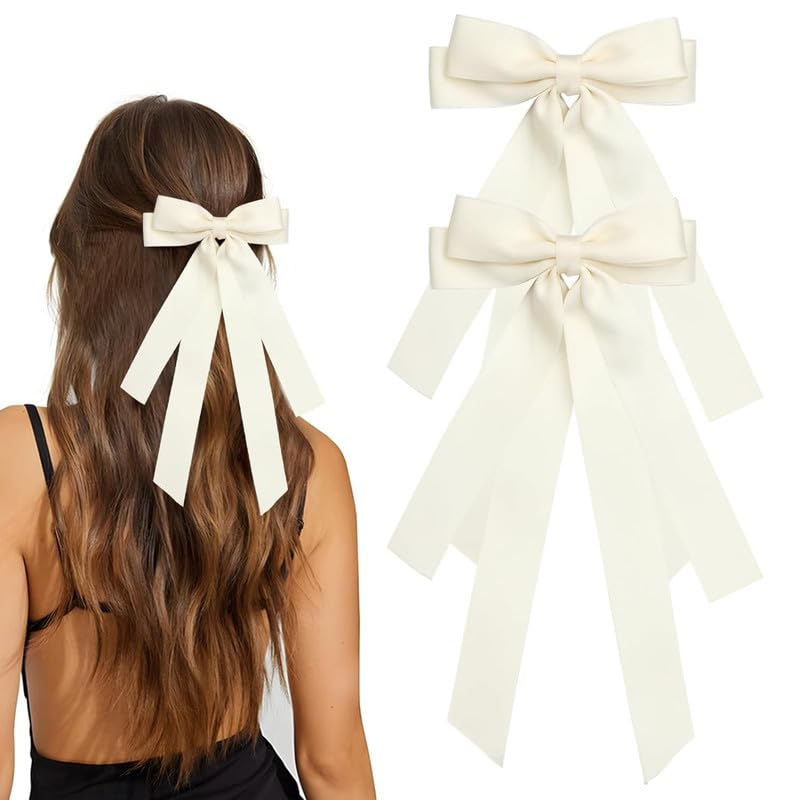 FAMEZA 2 PCS Bow Hair Clips|2PCS Set for Women and Girls - Beige Ribbon Bows for Hair, with Long Tail, Alligator Clip - Perfect Hair Accessories for Parties, Prom, and Weddings (Beige)|WHITE (B0CTQT7J3T) Amazon Price History, Amazon Price Tracker