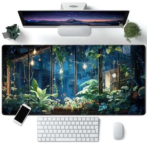 Plant Desk Mat Green Big Mouse Pad Large Gaming Mousepad Extended Keyboard Pad City View Aesthetic Desk Pad XXL Mouse Mat 31.5''X15.7'' Office Decor Cute Desk Accessories for Women