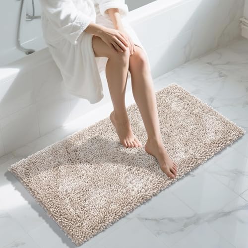 Image of Yimobra Long Bathroom Rug Non Slip 44x24 Inch, Extra Thick Soft Absorbent Chenille Bath Mat, Machine Washable Quick Dry Bath Rugs for Bathroom Floor, Tub and Shower, Home Decor Accessories, Khaki