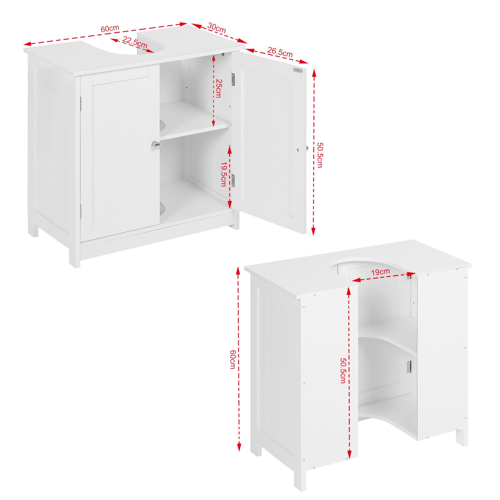 eSituro Waschbeckenunterschrank, Unterschrank, Waschtischunterschrank, Badezimmerschrank mit 2 Türen Badschrank aus MDF weiß 60 x 60 x 30 cm,Landhausstil