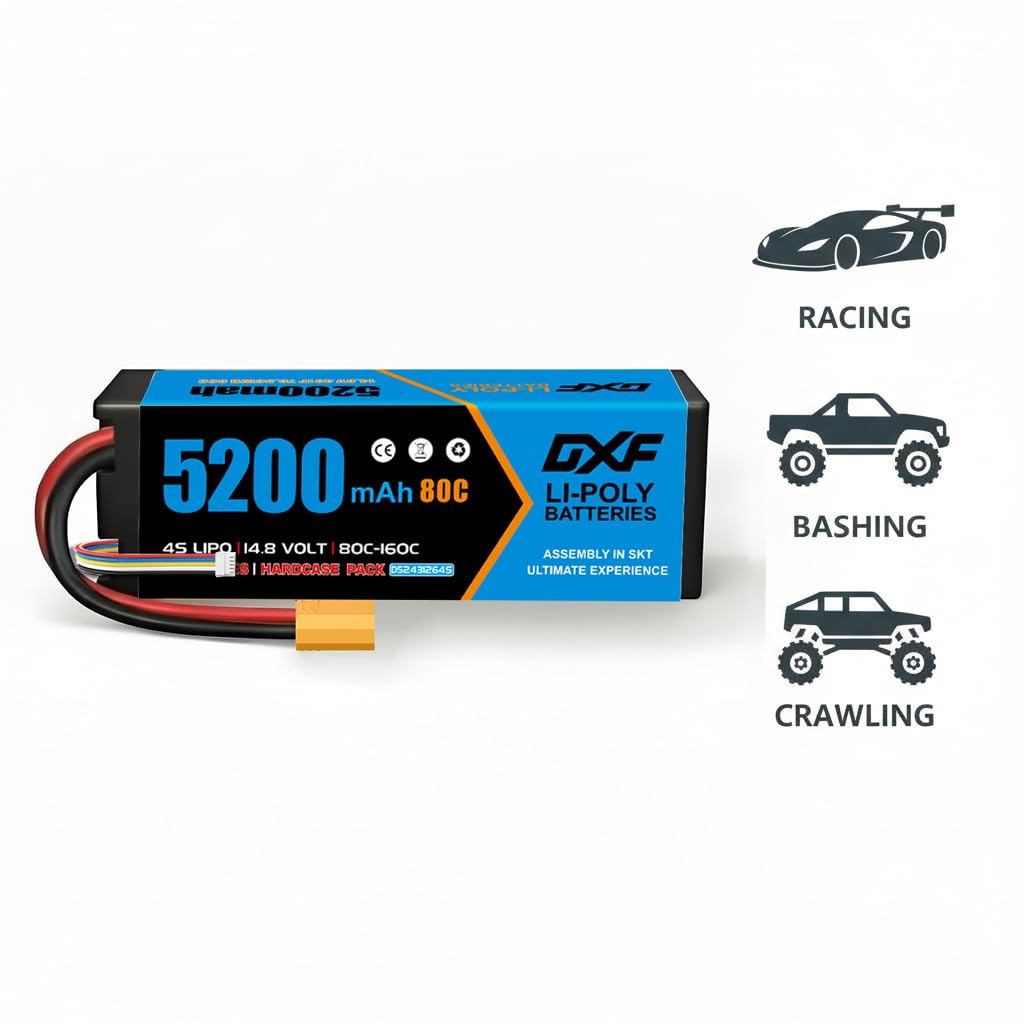 DXF Batteria LiPo 4S 14.8V 5200mAh 80C Spina XT90 Auto RC 1/8 1/10 Truck Buggy Touring Car Compatta Leggera Potente Affidabile Gare Racing Modellismo 1 Pezzo