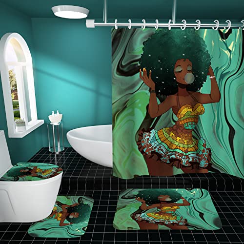 Izayoi 4Pcs Black Girl Shower Curtains Sets Kids Bathroom Sets Colorful Bubble Girl Cute Shower Curtains With Rugs And Toilet Lid Cover #TOP21
