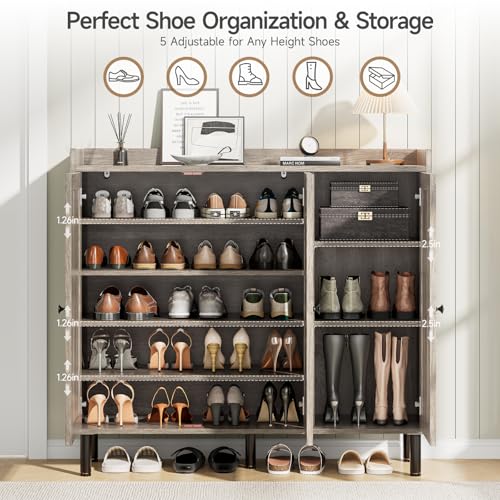 Image of ONBRILL Shoe Cabinet with 3 Doors and Adjustable Shelves, 30 Pairs Shoe Storage Cabinet, 40 Inch Tall Farmhouse Shoe Rack Shoe Organizer Cabinet for Entryway Living Room Closet, Gray Wash
