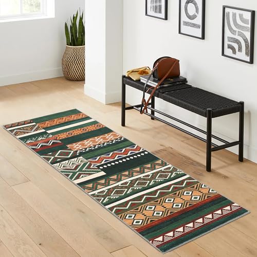 GarveeHome Vintage Patchwork Runner Rug 2x6 Washable Green Runners for Hallway, Non Slip Geometric Carpet, Stain Resistant Tribal Soft Mat, Low Pile Foldable Floor Cover for Entryway Bathroom Bedroom