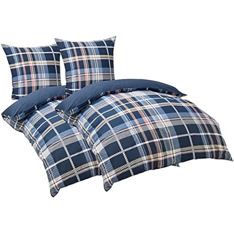 BEDSURE Bettwäsche 135x200 4teilig Baumwolle - Bettwäsche-Sets 2er Set Bettbezug Warm mit 2 Kissenbezüge 80x80 cm, Oeko-TEX Baumwoll Bettwäsche mit Reißverschluss Blau Kariert Muster Cover