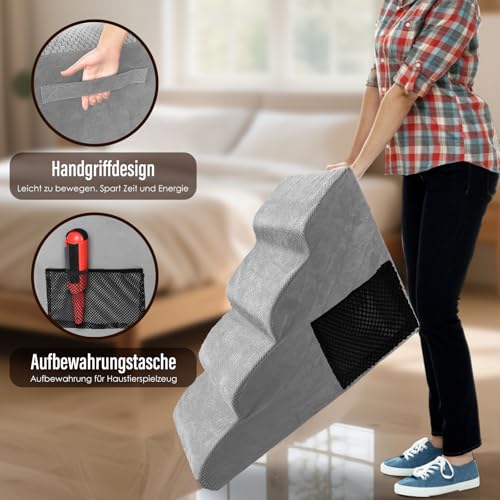 Thihome Hundetreppe 4 Stufen, 50cm hoch Schwamm Haustiertreppe für Hunde und Katzen, rutschfest Haustierleiter Katzentreppe mit Waschbar Bezug für Sofa Bett, Grau