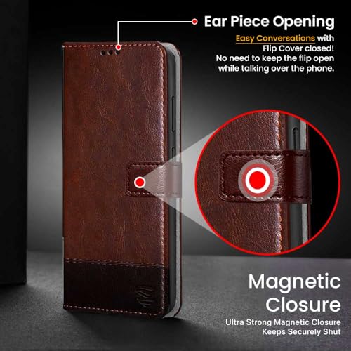 Image of FLIPPED Vegan Leather Flip Case Back Cover for Samsung Galaxy S25 Ultra 5G (Flexible, Shock Proof | Hand Stitched Leather Finish | Card Pockets Wallet & Stand | Brown with Coffee)