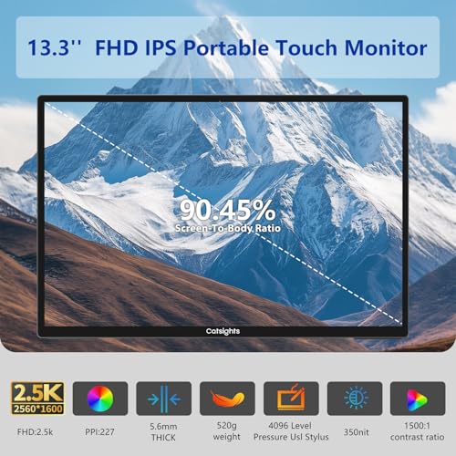 Image of Portable Monitor Touchscreen Drawing Tablet with 13.3 inch 2.5K screen and 4096 Levels of Pressure Sensitivity Stylus, USB-C Plug & Play 1500:1 contrast Laptop Screen Extender for Mac Laptop PC with Stand