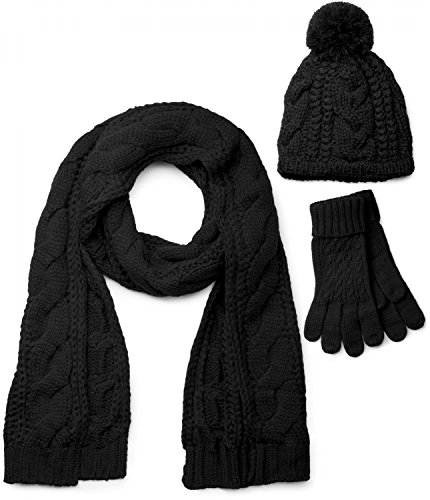 lavorazione di alta qualità styleBREAKER set coordinato di sciarpa, cuffia e guanti, sciarpa in maglia con motivo intrecciato con cuffia a pon pon e guanti, donna 01018208, colore:Nero/Sciarpa