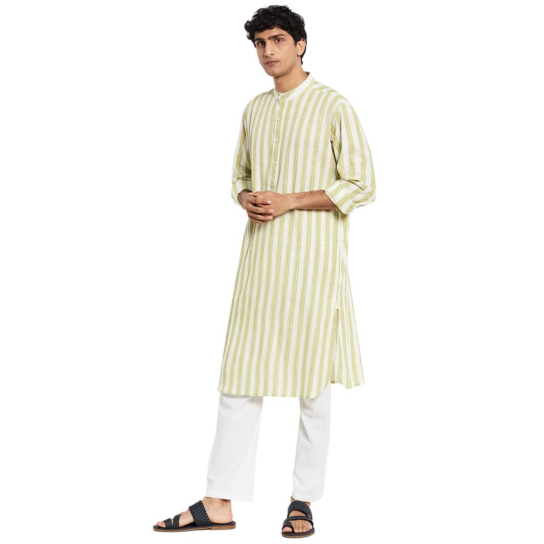 Fabindia Men's Cotton Pintucks Slim Kurta (100721301_White