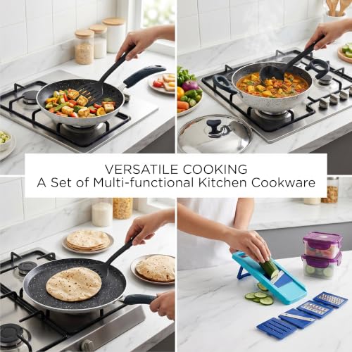 Image of Crystal 11 Pcs Non Stick Cookware Set with Storage Containers | Gas Stove Friendly | Tawa, Fry Pan, Kadhai with Lid, 4 Serving Spoons, 2 Containers & Grater Set | PFOA Free Coating