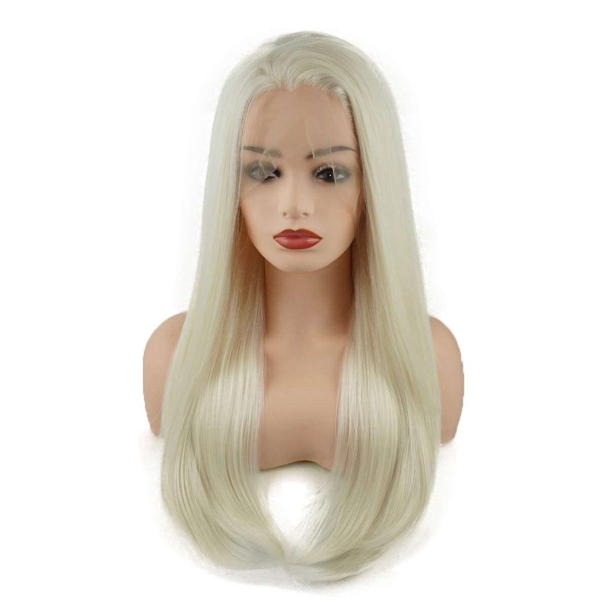 Hair Straight Long 24inch White Light Blonde Mix Heat Resistant Heavy Density Realistic Synthetic Lace Front Wig