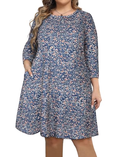 Image of Tanst Sky Womens Casual Round Neck Plus Size Floral Tunic Shirt Dress with Pockets