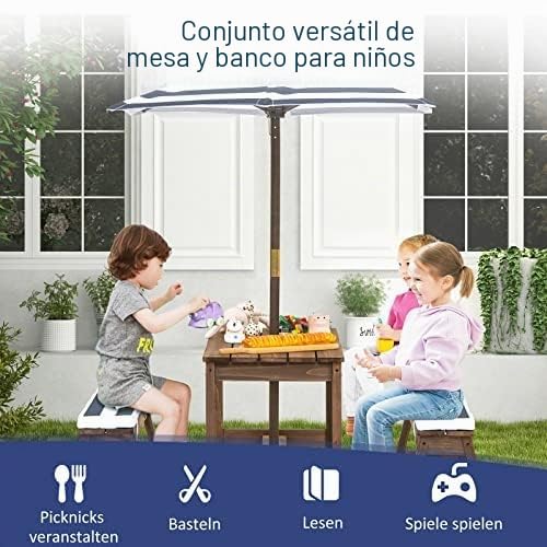 Juego de asientos para niños, mesa de picnic con sofás, almohadas y sombrillas, grupo de asientos de madera, para exteriores, muebles de jardín para jardín, patio trasero, terraza (azul)