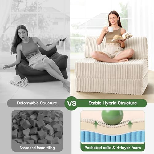 Image of Convertible 4-in-1 Folding Sofa Bed Boneless Sleeper Chair Couch Foldable Chaise Lounger & Mattress Pocket Coils+Foam Fill Medium Support, No Assembly for Living Room /Bedroom, Twin Beige