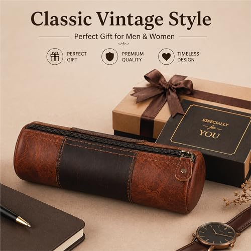 Image of Genuine Leather Pencil Pouch, Handcrafted Zipper Organizer Case with Wrist Strap, Durable Multi-Purpose Storage for Stationery, Travel & Accessories, 8 x 2.5- Tan