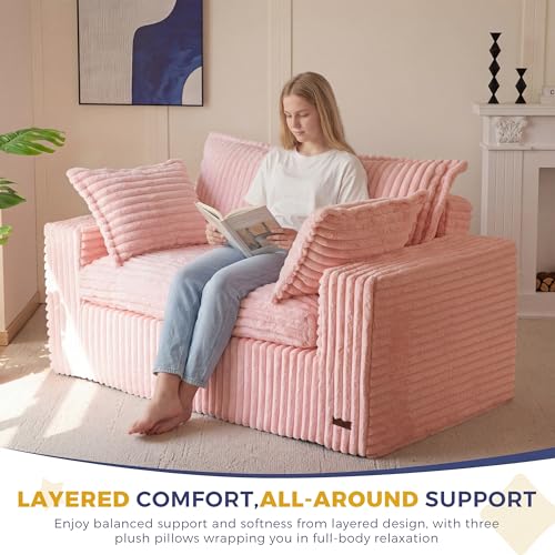 Image of MAXYOYO 59 inch Bean Bag Sofa Couch, Loveseat Boneless Couch in a Box, Upholstered Small Mini Sofa with Deep Seating for Living Room Bedroom Office Apartment, No Assembly, Pink