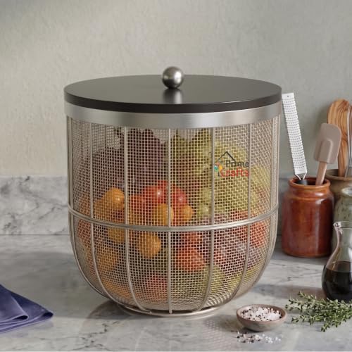 Image of Decorative Net (Jaali) Design Fruit and Vegetables Basket with Natural Wooden Lid | Premium Insect Resistant Storage Organizer for Home and Kitchen - Silver