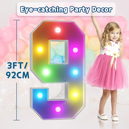 Image of Imprsv Colorful 3FT Marquee Numbers 9, 18 Colors Large Light up Numbers | RGB with Remote, Birthday Party Decorations Anniversary Wedding Decorations Assembly Required 20 Pcs Accessory Set