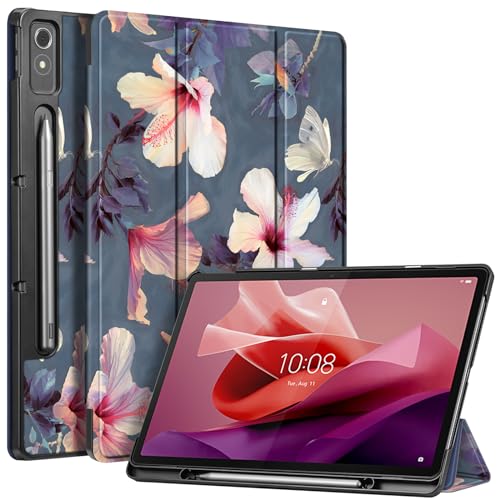 Fintie Hülle mit Stifthalter für Lenovo Tab P12 Tablet 12 7 TB370FU 2023 Ultradünne Flip Case Cover mit Auto Schlaf/Wach Ständer Funktion Blühender Hibiskus